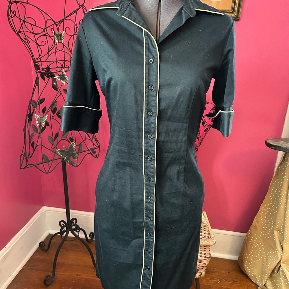 Chic Black uniform Dress with Cream piping button up.